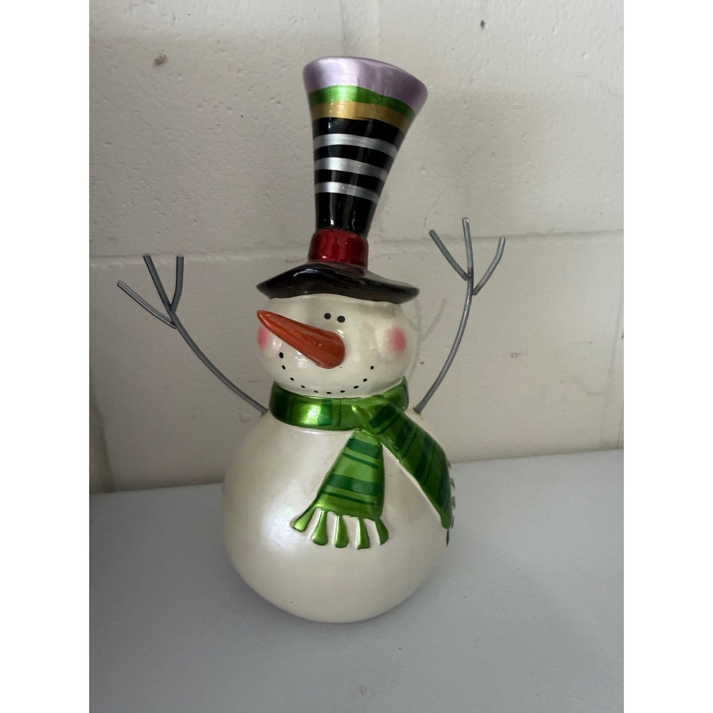 Pier 1 Imports Snowman Figurine Tall Striped Top Hat Green Scarf Holiday Decor